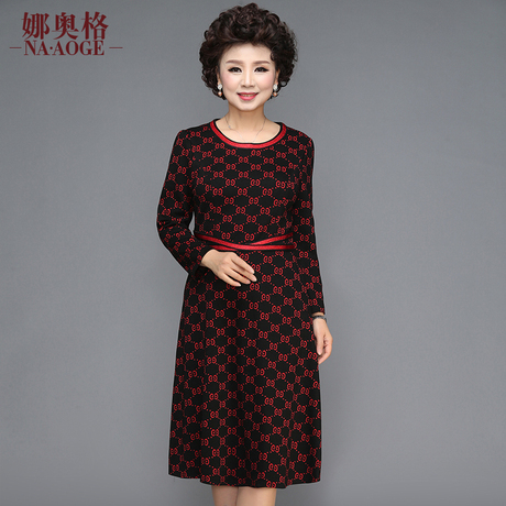 妈妈秋季新款连衣裙中长款2018秋冬中老年女装气质印花打底裙子商品大图