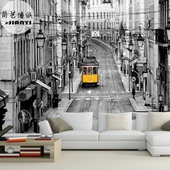 黑白风格墙纸复古怀旧背景墙大型壁画休闲吧酒吧咖啡店西餐厅壁纸