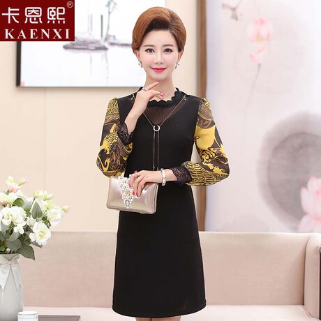 年轻妈妈长袖连衣裙春装2018新款女装韩版大码雪纺拼接中年打底裙商品大图
