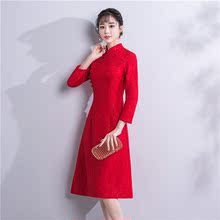 连衣裙2018秋冬装 长袖 黑色礼服 中长款 少女修身 改良旗袍日常生活装