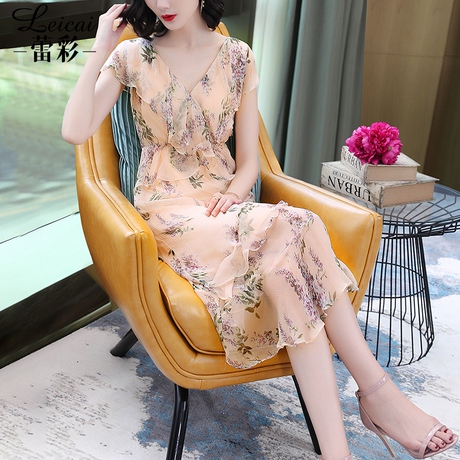 桑蚕丝真丝连衣裙女春2019新款短袖印花V领中长款气质A字裙子3944商品大图