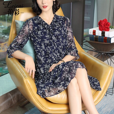 蕾彩宽松藏蓝碎花真丝桑蚕丝连衣裙女中长款春装2019新款30409商品大图