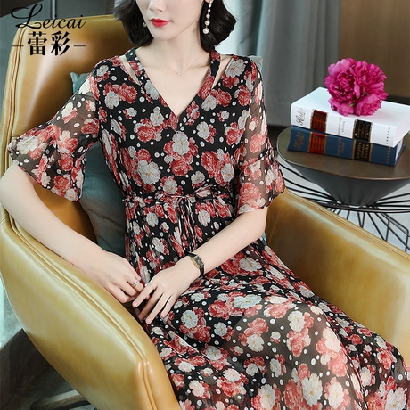 桑蚕丝真丝连衣裙女夏2019新款印花V领大码收腰中长款A字裙子3871商品大图
