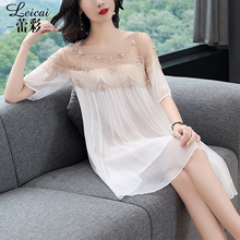 桑蚕丝真丝连衣裙女夏2019新款时尚钉珠网纱拼接白色短裙子4083图片