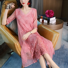 桑蚕丝真丝连衣裙2019夏新款女装大码宽松夏装中长款V领裙子3554图片