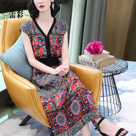 桑蚕丝真丝连衣裙女春夏装2019新款时尚印花V领显瘦A字裙长裙3911商品大图