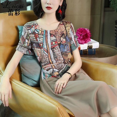 桑蚕丝真丝连衣裙2019春新款女拼接印花个性时尚大码圆领夏装3640商品大图
