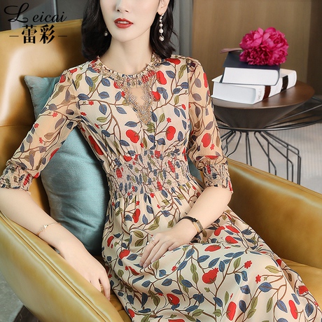蕾彩春装2019新款女春中长款桑蚕丝真丝连衣裙气质印花裙子3337商品大图