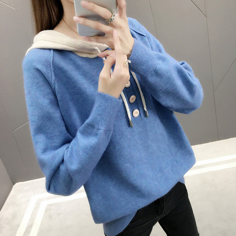 连帽学生显瘦针织卫衣女新款秋冬长袖套头简约小清新毛衣韩版女装商品大图
