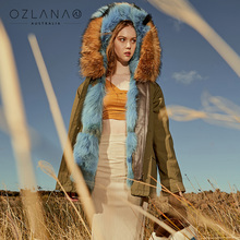 Ozlana连帽毛领皮草女冬季军绿色欧美时尚女装外套大衣海外直邮图片