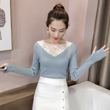 长袖t恤女装外穿秋衣韩版蕾丝修身V领针织打底衫紧身上衣服短款潮图片