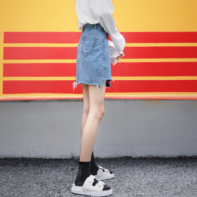 chic高腰牛仔短裙女夏2018新款ins超火裙子a字包臀裙不规则半身裙