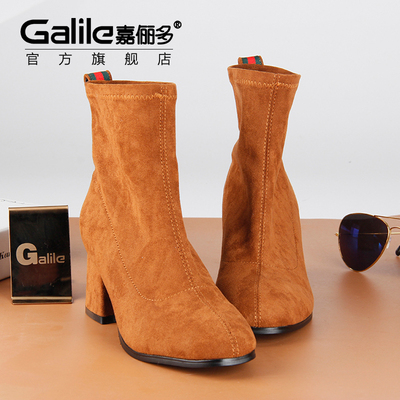 嘉俪多女鞋时尚短靴女冬绒里欧美羊反绒弹力靴筒粗高跟旗舰店官方