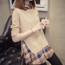秋装女2018新款时尚衬衫领假两件套上衣宽松韩版毛衣女中长款外套