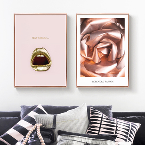 惊艳 现代简约客厅装饰画卧室床头墙画个性创意嘴唇玫瑰金框壁画