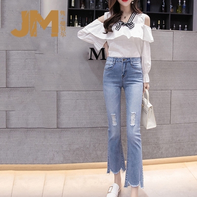 JM夏季破洞牛仔裤女裤韩版青年毛边九分裤2018女款不规则裤潮6664