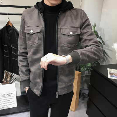 2018秋冬新品男士韩版修身休闲时尚外套迷彩鹿皮绒可脱卸帽潮男