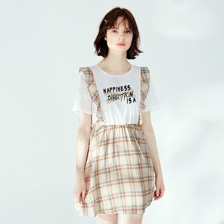 【自营】乐町拼接荷叶边连衣裙ins超火A字裙新款女复古格纹假两件商品大图