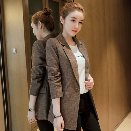 畔喜小西装外套女秋季新款女装2018韩版修身中长款百搭宽松小西服商品大图