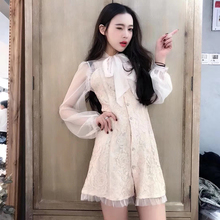 2018女装秋装新款韩版性感修身显瘦蝴蝶结抹胸蕾丝内搭透视连衣裙图片