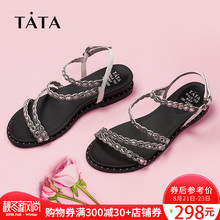 水钻女士平底凉鞋 Tata他她休闲凉鞋 S2A10BL8 坡跟女夏厚底2018新款
