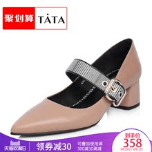 拼接格子尖头粗跟玛丽珍鞋 2NCA8AQ8 女鞋 他她2018春专柜同款 TATA
