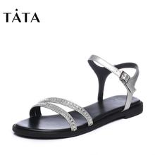 Tata/他她2018夏拼接一字带休闲方跟女凉鞋S2A15BL8