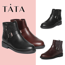 他她冬牛皮时尚 皮带扣通勤风方跟女短靴2YWD2DD6 TATA