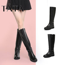 TATA/他她冬牛皮拼接风时尚皮带扣女长靴79065DG7