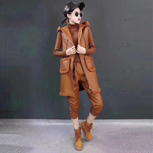 韩版派克服皮衣大码女装2018秋冬新款中长款无袖连帽马甲pu皮加厚图片