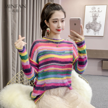彩色条纹毛衣女装宽松秋冬2018新款韩版慵懒风针织衫上衣罩衫外套商品大图