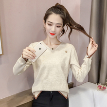 针织衫长袖女装2018秋冬新款韩版宽松百搭打底衫V领钉珠开叉毛衣+图片