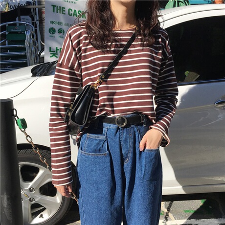 秋天复古条纹长袖t恤女宽松韩版上衣服2018新款女装打底衫体恤商品大图