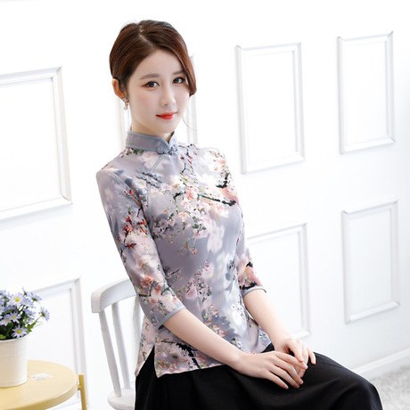 旗袍上衣女夏改良时尚短款唐装套装复古风立领盘扣修身女装日常款商品大图