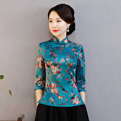春秋改良旗袍上衣中式复古中老年妈妈唐装汉服七分袖修身显瘦女装