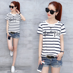 2019新款夏装女生宽松上衣初中高中学生条纹短袖T恤少女丅恤女装