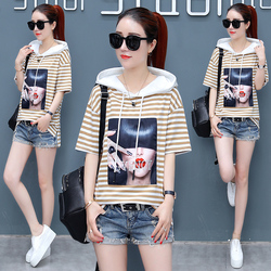 2018新款夏装半袖丅恤女装少女上衣初中高中学生带帽条纹短袖t恤