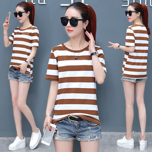 夏天衣服半袖丅恤女装初中高中学生宽松条纹短袖T恤少女夏装上衣
