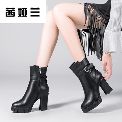 茜娅兰冬季真皮高跟短靴女靴子粗跟短筒马丁靴冬天羊皮毛一体雪地