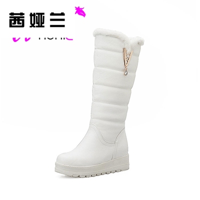 茜娅兰冬鞋女鞋白色厚底瘦腿高筒靴女保暖加绒棉鞋平底女靴厚绒瘦