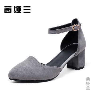 茜娅兰加肥加大码女鞋41-43高跟凉鞋韩版一字带包头包脚宽胖脚显