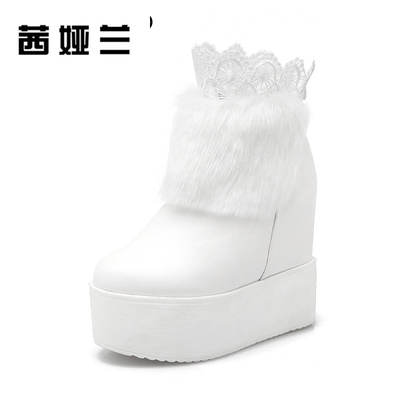 茜娅兰冬季女靴厚底松糕鞋高跟短靴毛毛加绒棉鞋短筒雪地棉靴内增
