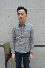 BF原创春秋薄款长袖衬衫男士纯棉休闲复古修身咔叽小格子衬衣小溪