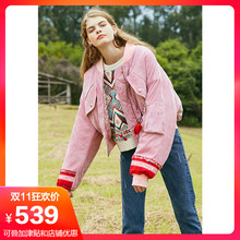 两三事潮玩宣言2018冬装新款织带拼接灯芯绒棉服女短款棒球服棉衣图片