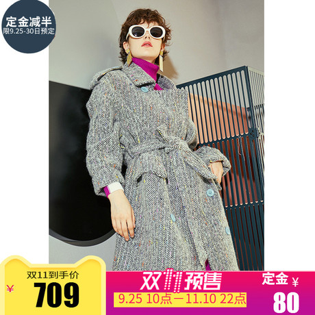 【预售】两三事自制情绪2018冬新款撞色双排扣毛呢大衣女宽松商品大图