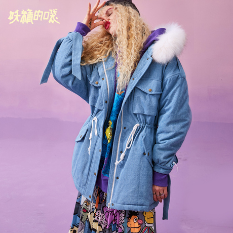 妖精的口袋Y冬季加厚连帽棉衣女韩版冬装2018新款中长款牛仔棉服R商品大图
