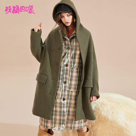 妖精的口袋毛呢大衣秋装2018新款军绿色连帽羊毛长袖呢子外套女商品大图