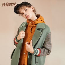 妖精的口袋呢子大衣女长款秋装2018新款韩版直筒撞色毛呢外套女图片