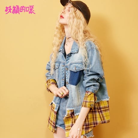 妖精的口袋秋款外套女2018新款宽松学生原宿风韩版格子牛仔外套女商品大图