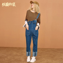 妖精的口袋Y通勤背带裤秋装2018新款水洗牛仔裤子女宽松chic韩版图片